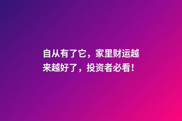 自从有了它，家里财运越来越好了，投资者必看！